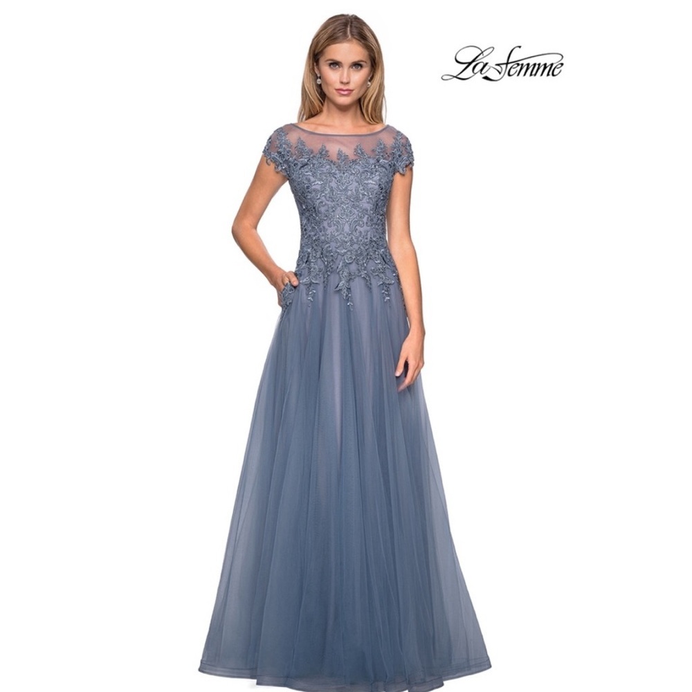 NWT La Femme A Line Tulle Floral Embroidered Bodice Evening Gown 26893